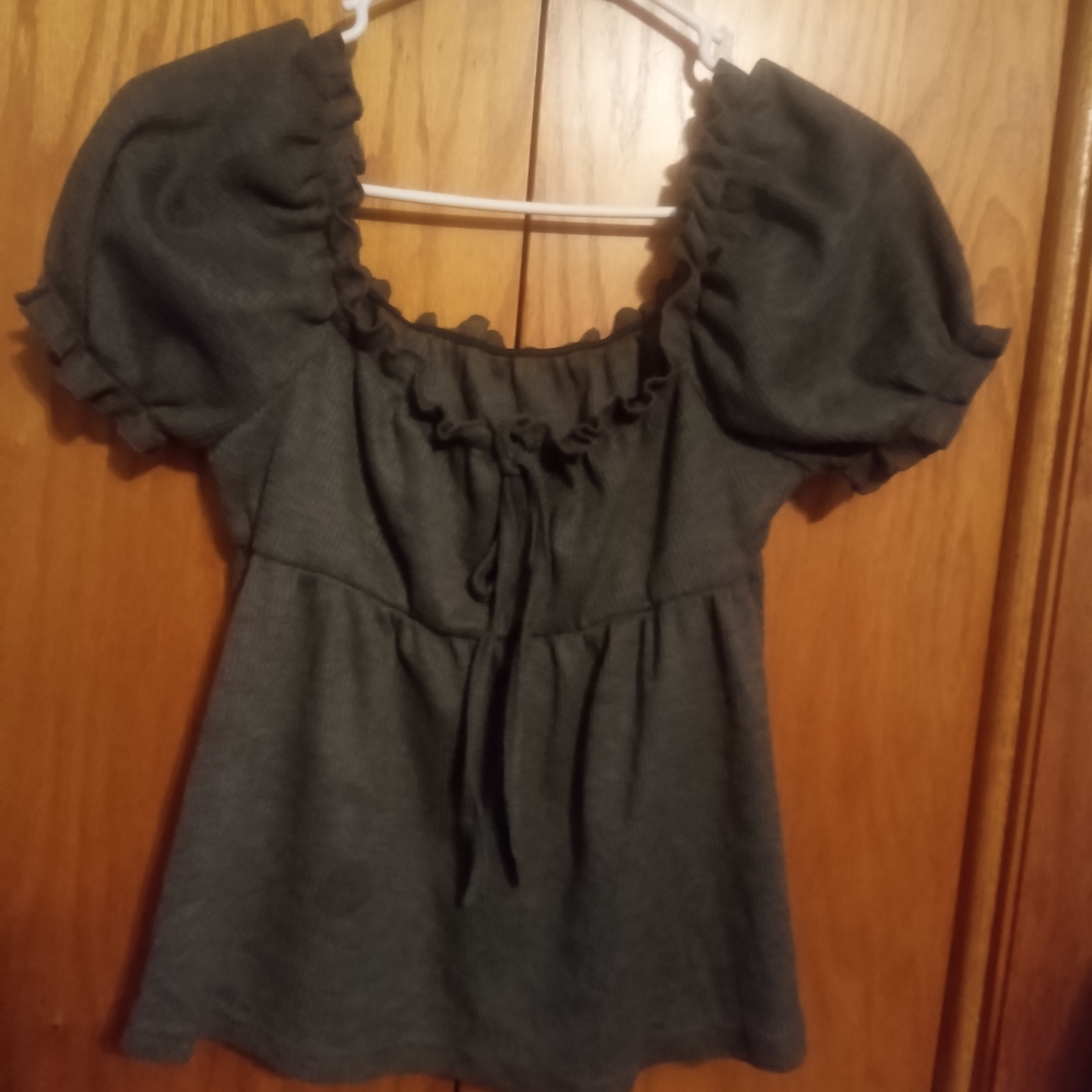 ROMWE Gray Frill Trim Babydoll Blouse